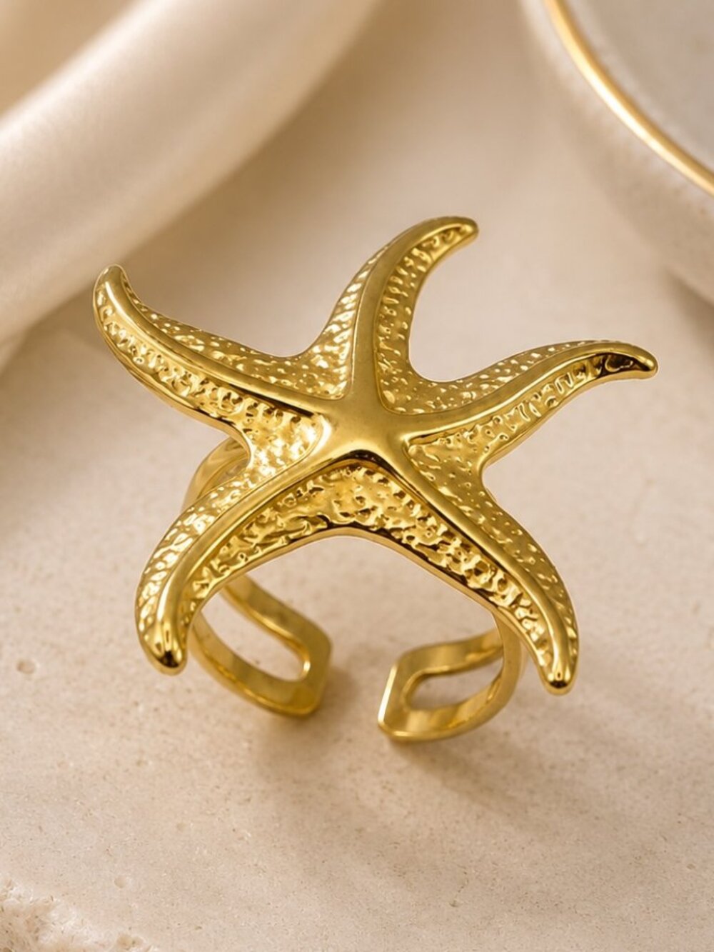 18K Gold Plated Starfish Ring Adjustable Stainless Steel Coastal Beach Luxe NEW